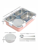 4 partition Lunch Box Stainless Steel with container, Spoon & Chopsticks