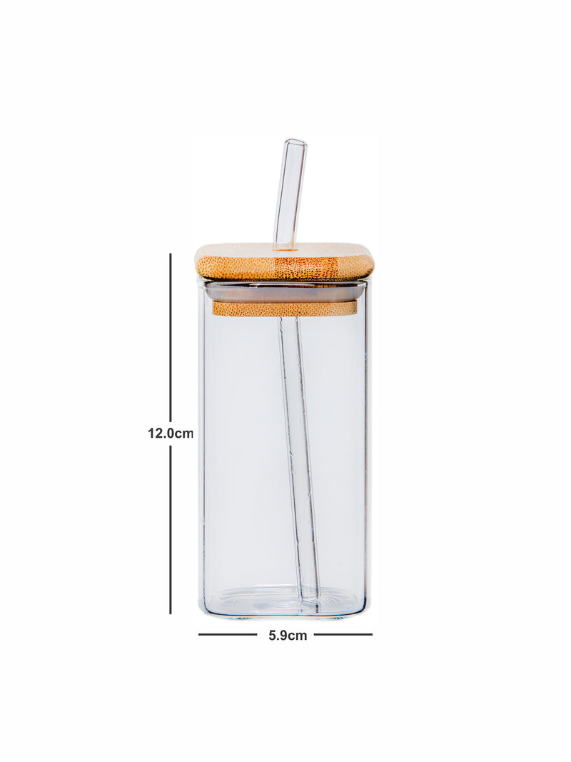 Goodhomes Borosilicate Glass Tumbler With Glass Straw & Wooden Lid (Set Of 2Pcs)
