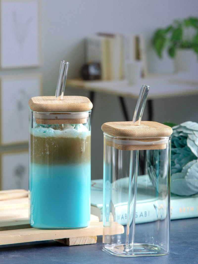 Goodhomes Borosilicate Glass Tumbler With Glass Straw & Wooden Lid (Set Of 4Pcs)