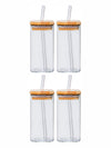 Goodhomes Borosilicate Glass Tumbler With Glass Straw & Wooden Lid (Set Of 4Pcs)