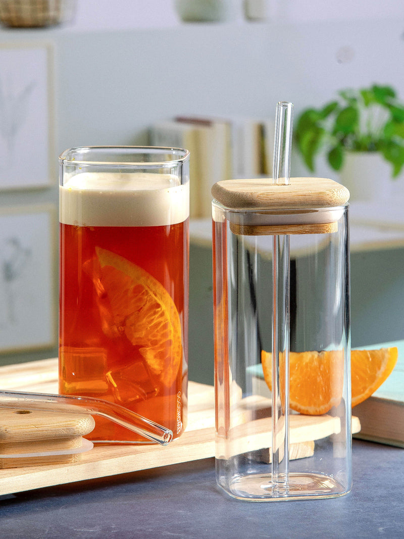 Goodhomes Borosilicate Glass Tumbler with Glass Straw & Wooden Lid (Set of 2pcs)