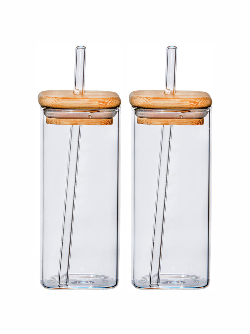 Goodhomes Borosilicate Glass Tumbler with Glass Straw & Wooden Lid (Set of 2pcs)