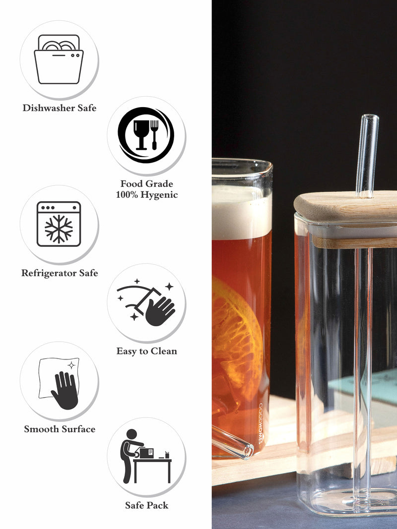 Goodhomes Borosilicate Glass Tumbler With Glass Straw & Wooden Lid (Se –  GOOD HOMES