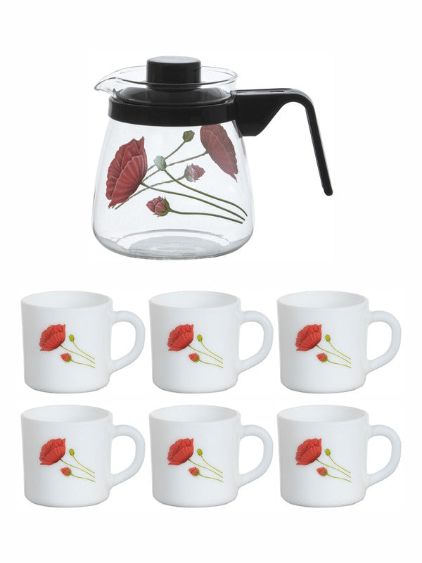 Cello Opalware Tea Set with Glass Pot(Carafe) (set of 6pcs Mugs & 1pc Tea Pot)