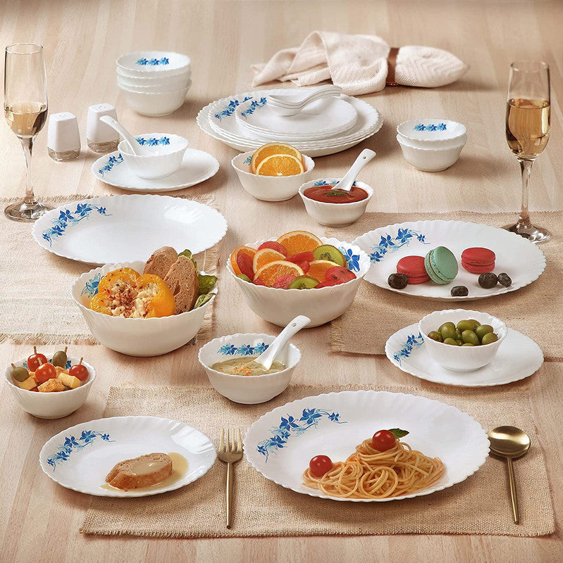 Cello Blue Swirl Dazzle Series Opalware Dinner Set, 35-Pieces, Service for 6, White