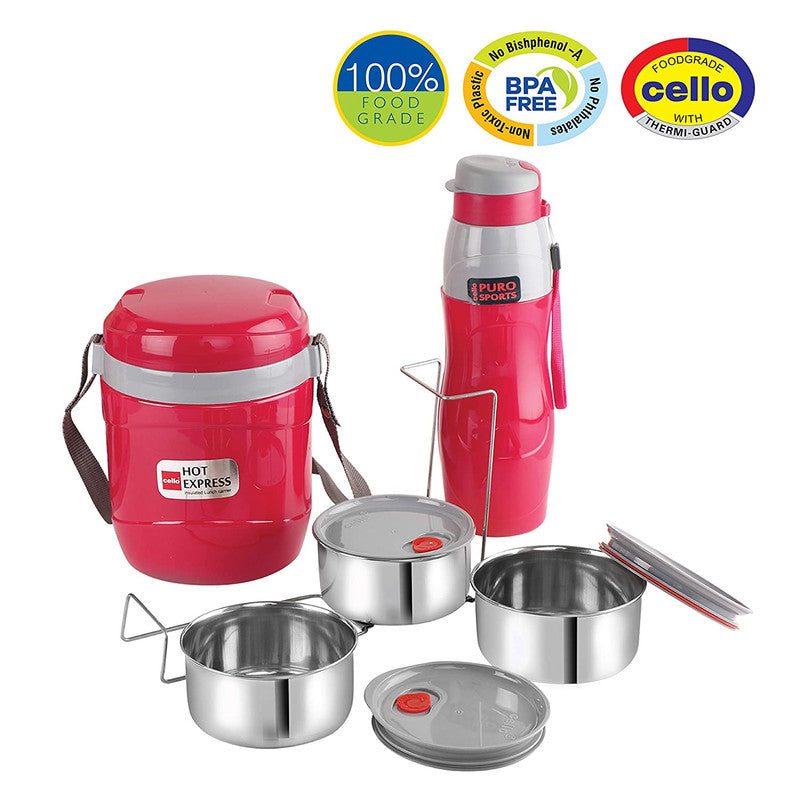 Cello Lunch Express, Insulated Plastic Tiffin and Water Bottle- Red