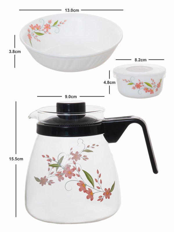 Cello Opalware Imperial Tea Set (Set of 6pcs Cup, 6pcs Saucer, 2pcs Snack Bowl, 1pc Sugar Pot With Lid, 1pc Milk Pot, & 1pc Glass Carafe)