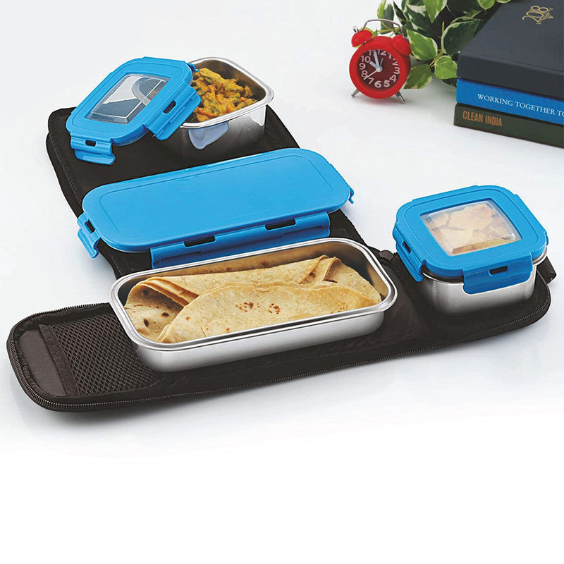 Cello Max Fresh Foodzone Lunch Box, 355mlx2 + 570mlx1 and Jacket, Blue