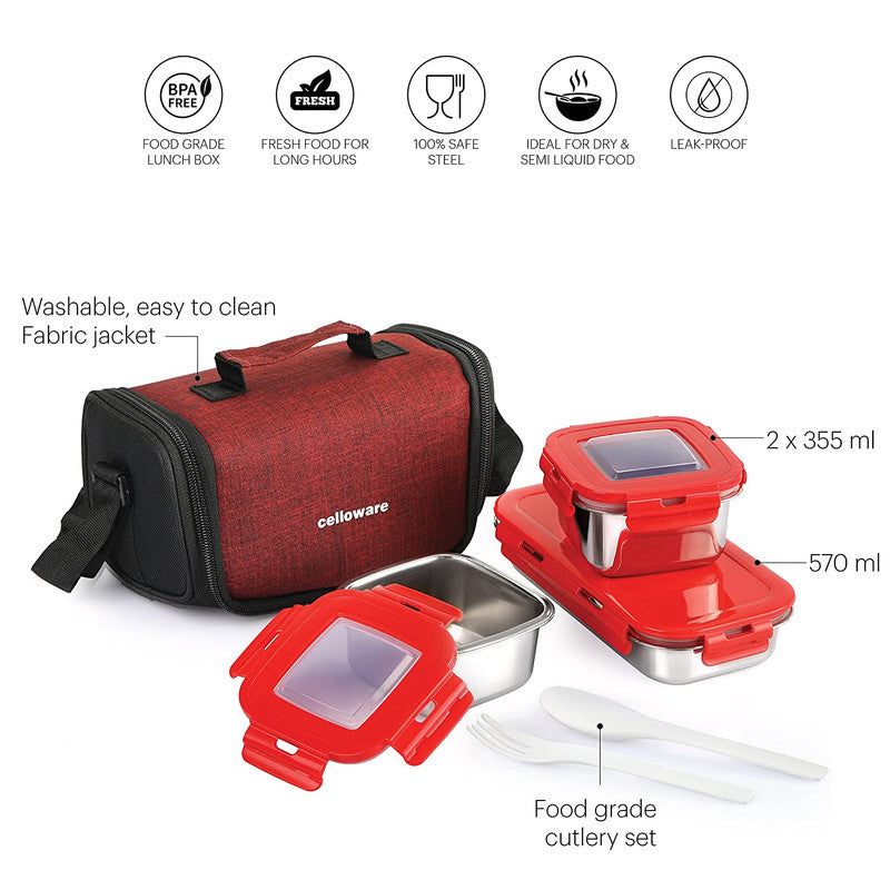 Cello Max Fresh Foodzone Lunch Box, 355mlx2 + 570mlx1 and Jacket, Red