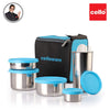 Cello Stainless Steel Lunch Box Combo 5-Piece, Blue, (Capacities - 50ml, 225ml, 375ml, 550ml, 375ml Tumbler)