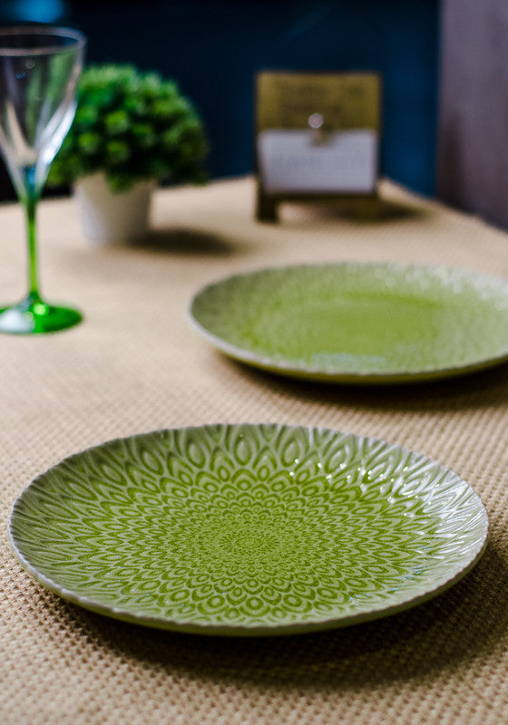 Stoneware Dinner Plates with Emboss Print Kitchen Dining Serveware Accessory Lime Green  (Set of 2 Pcs)