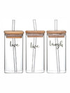 Printed Glass Drink Jar with Straw & Wooden Lid Set of 3pcs