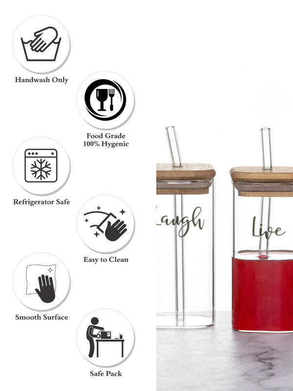 Printed Glass Drink Jar with Straw & Wooden Lid Set of 3pcs