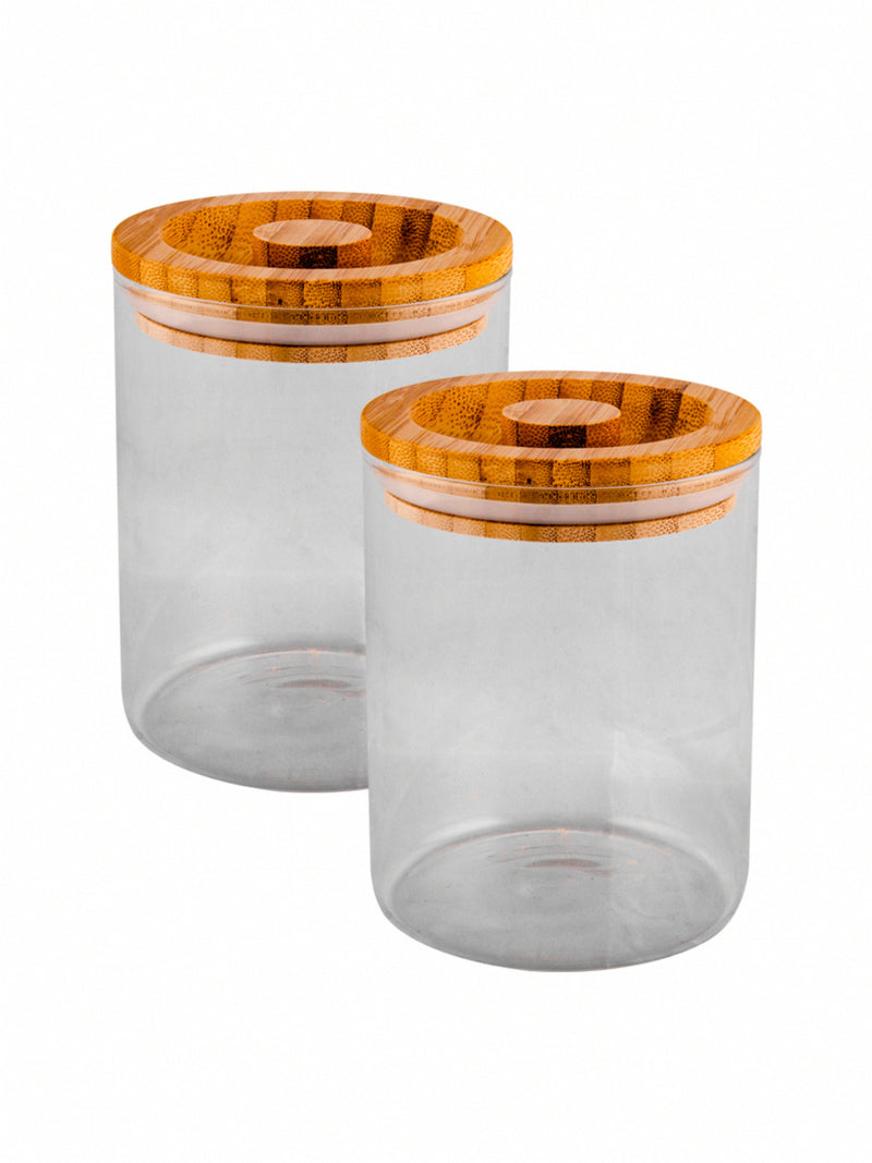 Goodhomes Basic Round Boroilicate Medium Jar Set With  Bamboo Wood Lid (Set Of 2 Pcs)