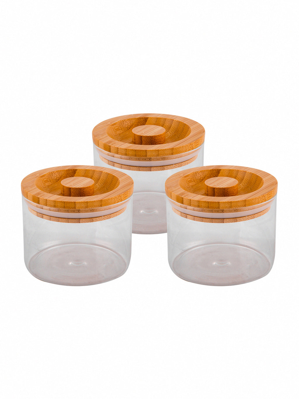 Goodhomes Basic Round Borosilicate Small Jar Set With Bamboo Wood Lid (Set Of 3 Pcs)