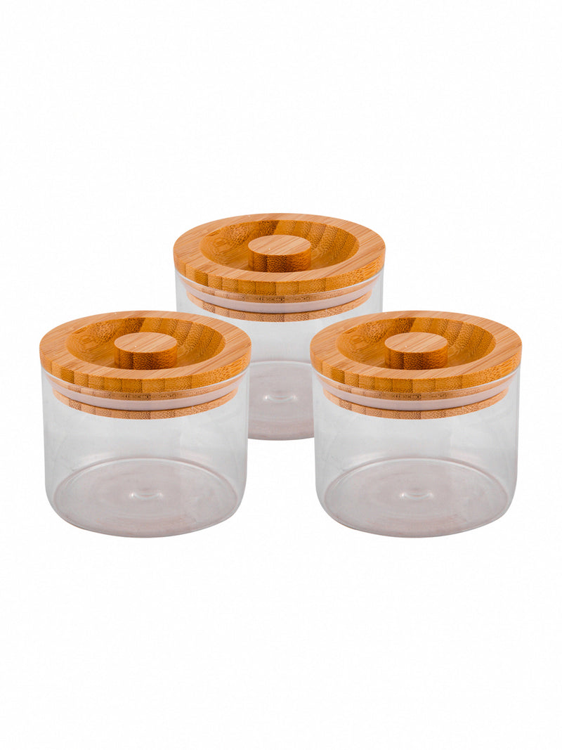 Goodhomes Basic Round Borosilicate Small Jar Set With Bamboo Wood Lid (Set Of 3 Pcs)