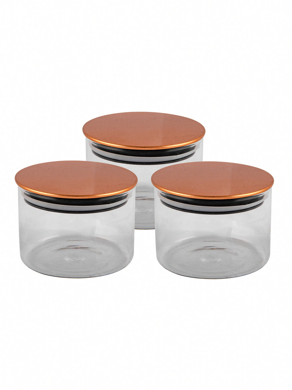 GOODHOMES Basic Round Borosilicate Small Jar Set with Copper Finish Lid (Set of 3 pcs)