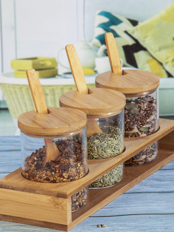Goodhomes Glass Jar with Wooden Lid, Spoon & Stand (Set of 3pcs Canister with Wooden Lid, 3pcs Wooden Spoon & 1pcs Wooden Stand)