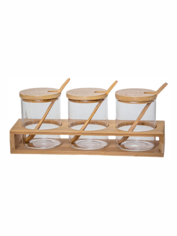Goodhomes Glass Jar with Wooden Lid, Spoon & Stand (Set of 3pcs Canister with Wooden Lid, 3pcs Wooden Spoon & 1pcs Wooden Stand)