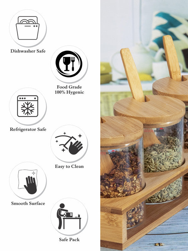 Condiment Container Seasoning Box Set, Glass Condiment Canisters Pots, Salt  Sugar Spice Coffee Jar with Bamboo Wooden Spoon Lid and Base, Set of 3