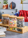 Goodhomes Glass Storage Canister With Airtight Wooden Lid & Rack (Set Of 3Pcs Canister & 1Pc Rack)