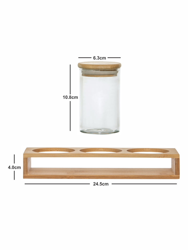 Goodhomes Glass Storage Canister With Airtight Wooden Lid & Rack (Set Of 3Pcs Canister & 1Pc Rack)