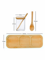Goodhomes Glass Storage Jar Set With Wooden Lid, Spoon & Tray (Set Of 3Pcs Jar, 3Pcs Spoon & 1Pc Tray)