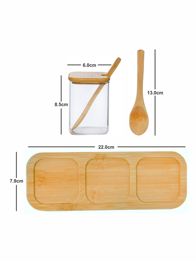 Goodhomes Glass Storage Jar Set With Wooden Lid, Spoon & Tray (Set Of 3Pcs Jar, 3Pcs Spoon & 1Pc Tray)