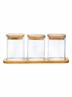 Goodhomes Glass Storage Jar Set With Wooden Lid & Tray (Set Of 3Pcs Jar & 1Pc Tray)