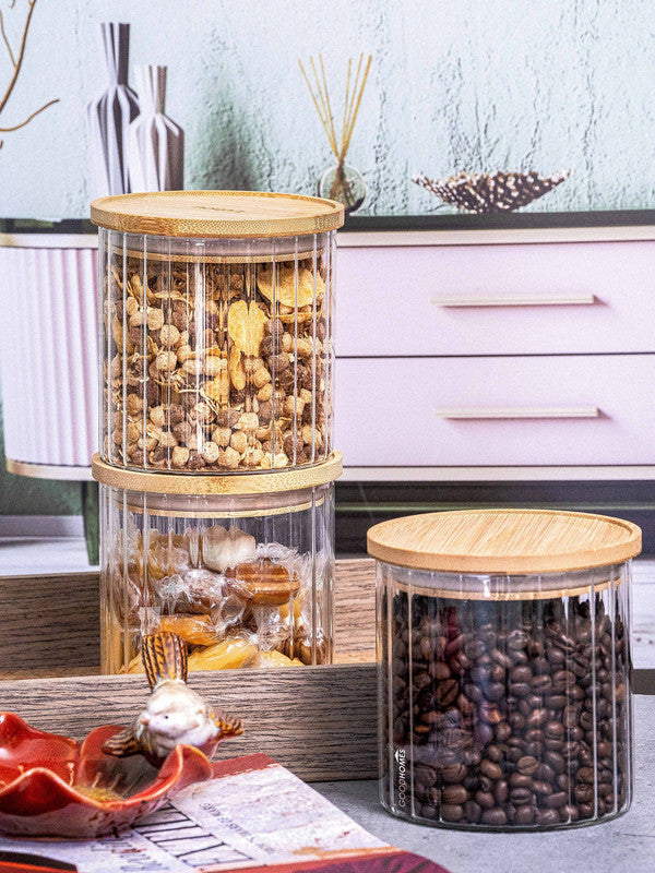 Goodhomes Glass Small Jar with Wooden Lid (Set of 3pcs) Candies | Cookies | Pulses | Kitchen Item