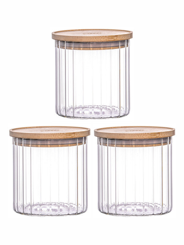 Goodhomes Glass Small Jar with Wooden Lid (Set of 3pcs) Candies | Cookies | Pulses | Kitchen Item