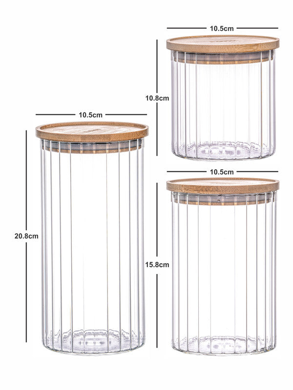 Goodhomes Glass Jar set with Wooden Lid (Set of 1pc each of Large, Medium, Small)