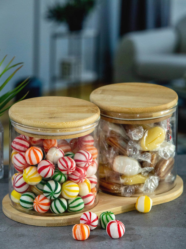 Goodhomes Glass Storage Jar with Wooden Lid & Tray (Set of 2pcs Jar & 1pc Tray)