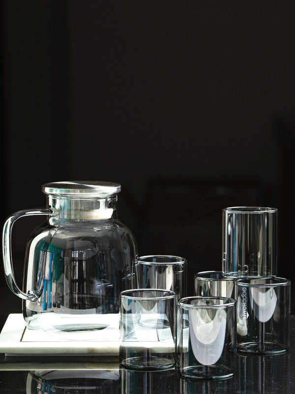 Goodhomes Color Glass Tumbler & Serving Jug  with Metal Lid (Set of 6pcs Tumbler & 1pc Jug)