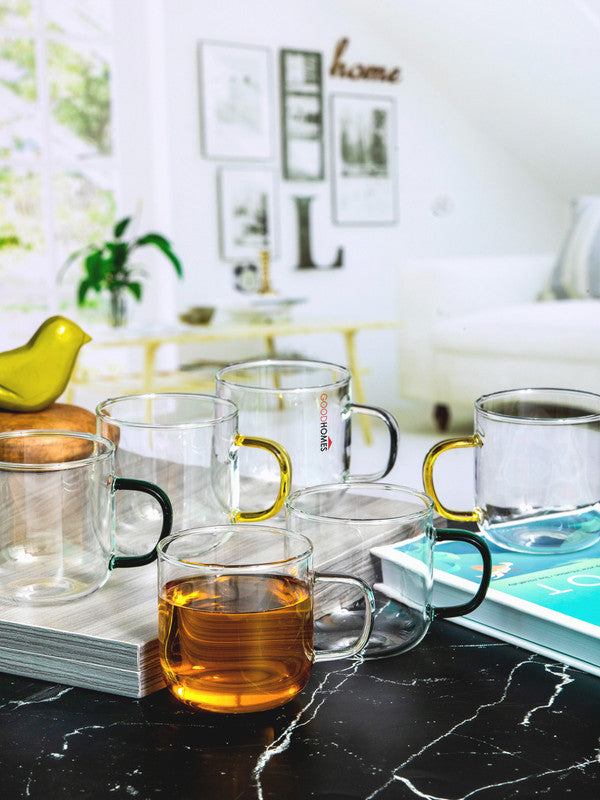 Glass Tea/Coffee Mug with Coloured Handle Set of 6pcs