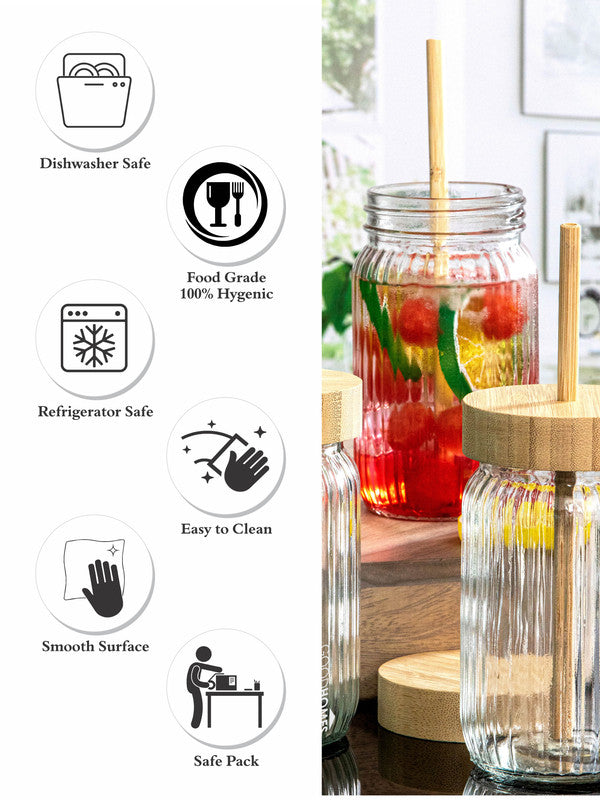 Goodhomes Glass Driking Bottle With Wooden Lid & Straw  (Set Of 3Pcs)