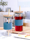 Glass Sipper with Silicon Grip & Wooden Lid & Wooden Straw (Set of 2pcs)