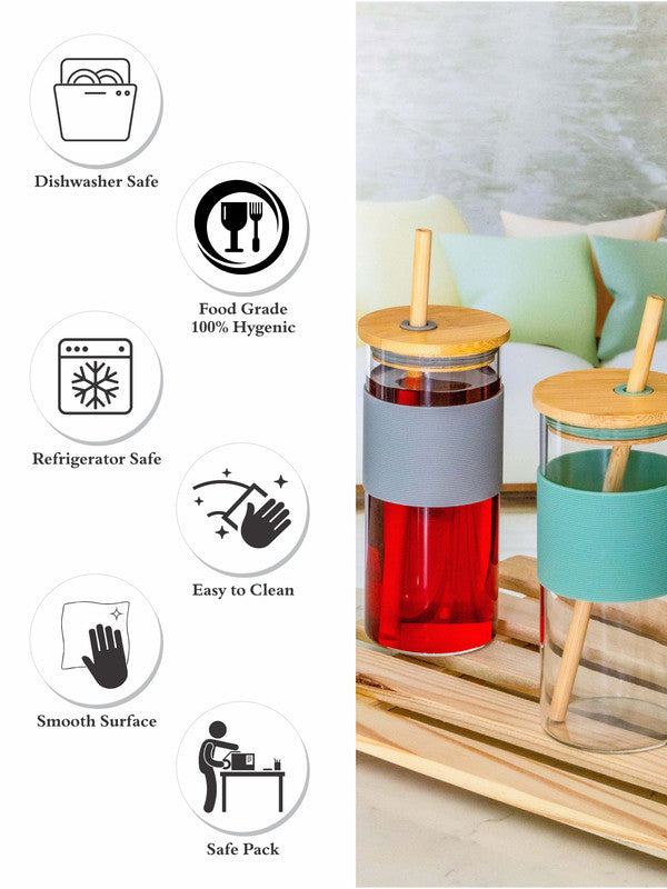 Goodhomes Glass Sipper with Silicon Grip & Wooden Lid & Wooden Straw (Set of 3pcs)