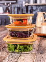 Square Glass storage box with Air tight Wooden Lid (Set of 3pcs)