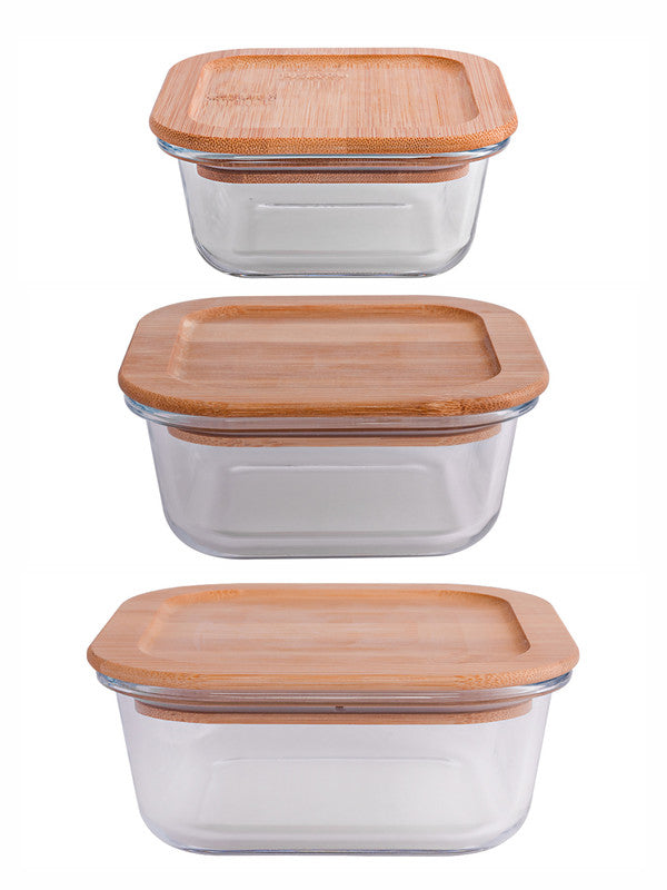 Square Glass storage box with Air tight Wooden Lid (Set of 3pcs) – GOOD  HOMES