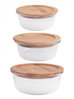Round Glass storage box with Air tight Wooden Lid (Set of 3pcs)