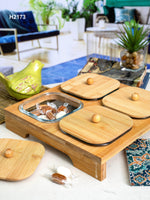 Goodhomes Glass serving Set with Wooden Lid & Stand (Set of 4pcs Bowl with Wooden Lid & 1pc tray)