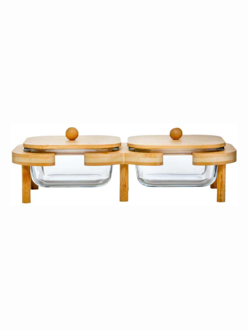 Goodhomes Glass Serving Set With Wooden Lid & Stand (Set Of 2Pcs Bowl With Wooden Lid & 1Pc Tray)