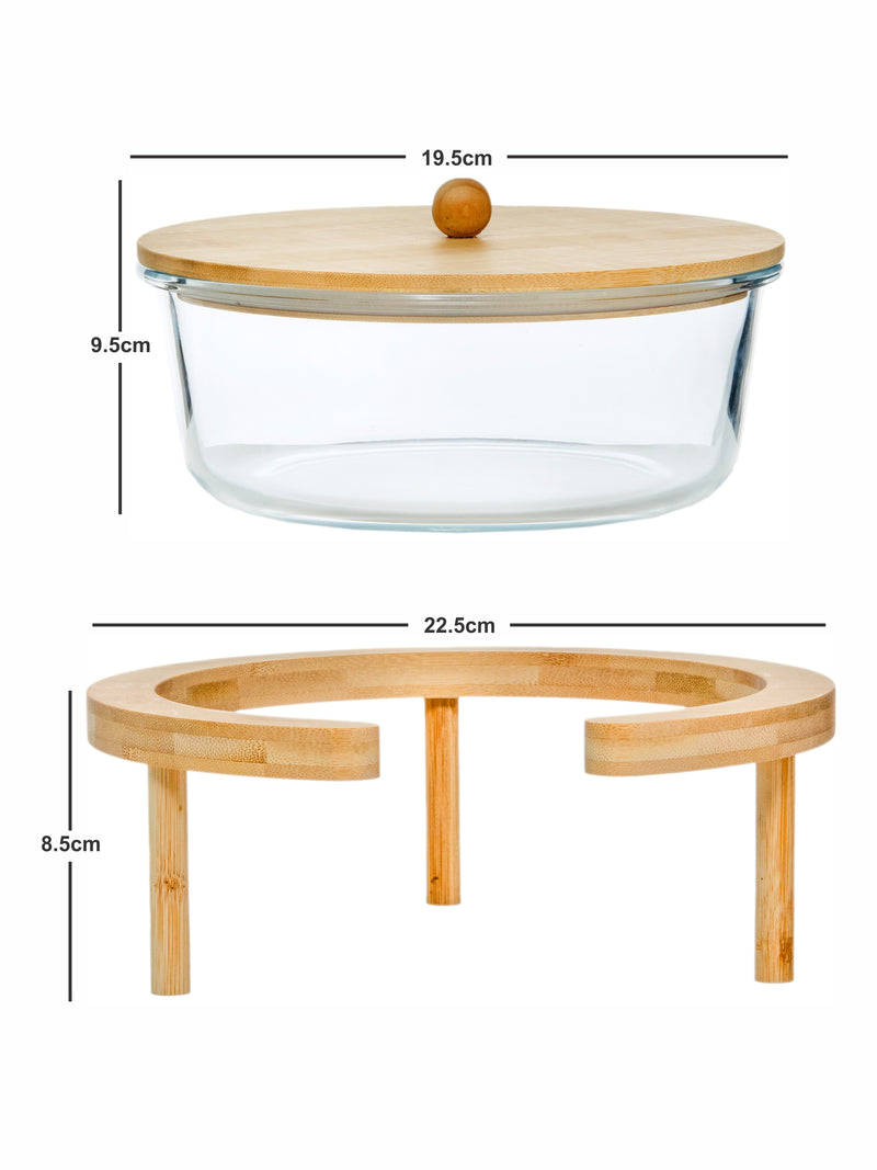 Goodhomes Glass Serving Set With Wooden Lid & Stand (Set Of 1Pc Bowl With Wooden Lid & 1Pc Tray)