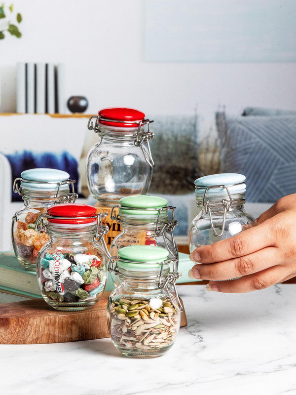 Goodhomes Glass Jar with Ceramic Color Lid (Set of 6pcs)