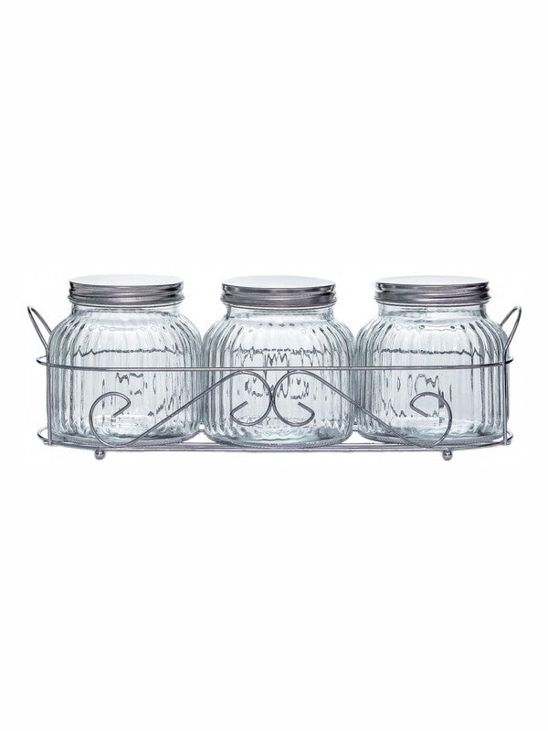 Goodhomes Glass Storage Jar with Metal Lid & Stand (Set of 3pcs Jar & 1pc Stand)
