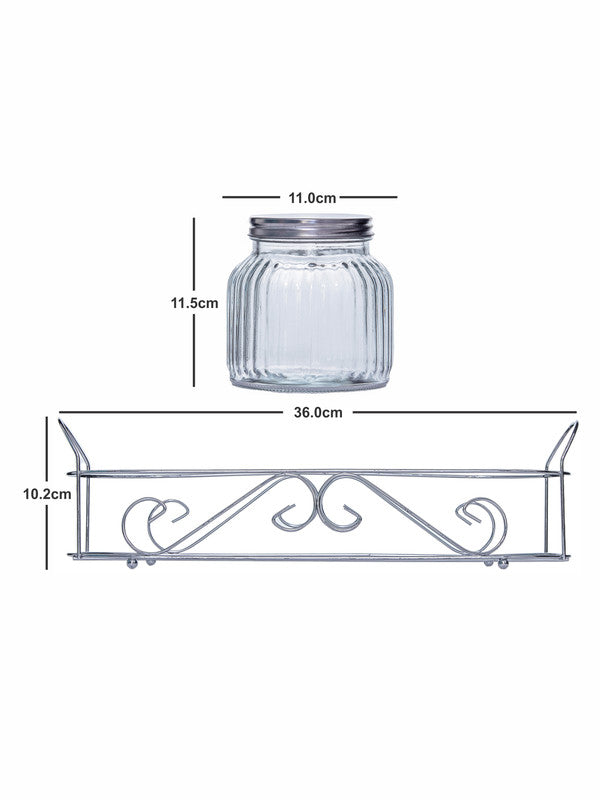 Goodhomes Glass Storage Jar with Metal Lid & Stand (Set of 3pcs Jar & 1pc Stand)