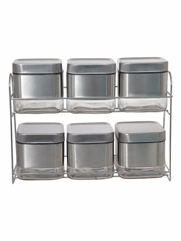Goodhomes Glass Storage Jar Set with Metal Rack (Set of 6pcs Jar & 1pc Rack)