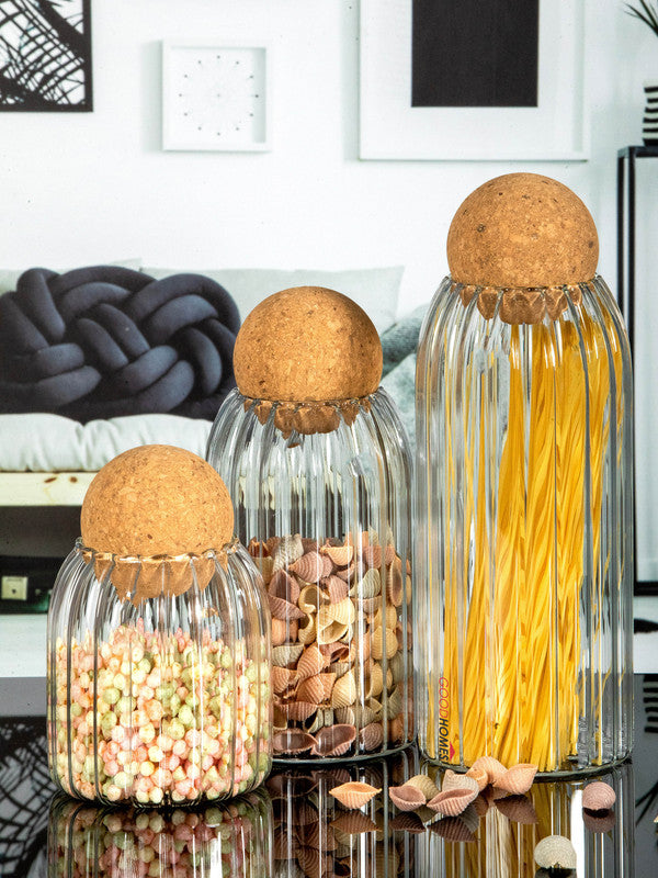 Goodhomes Glass Storage container with Cork Lid Lid (Set of 3pcs)