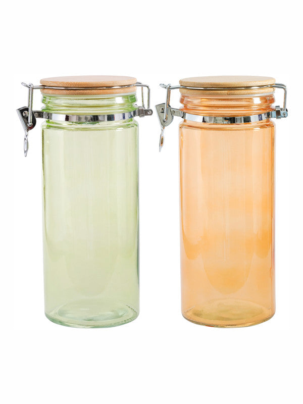 Goodhomes Color Glass Storage Jar with Wooden Clip Lid (Set of 2pcs)